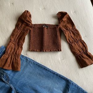 Reformation Linen-blend Long Sleeve Crop Top